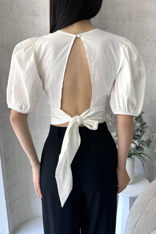 Beyaz Karpuz Kol Sırt Dekolteli Poplin Bluz