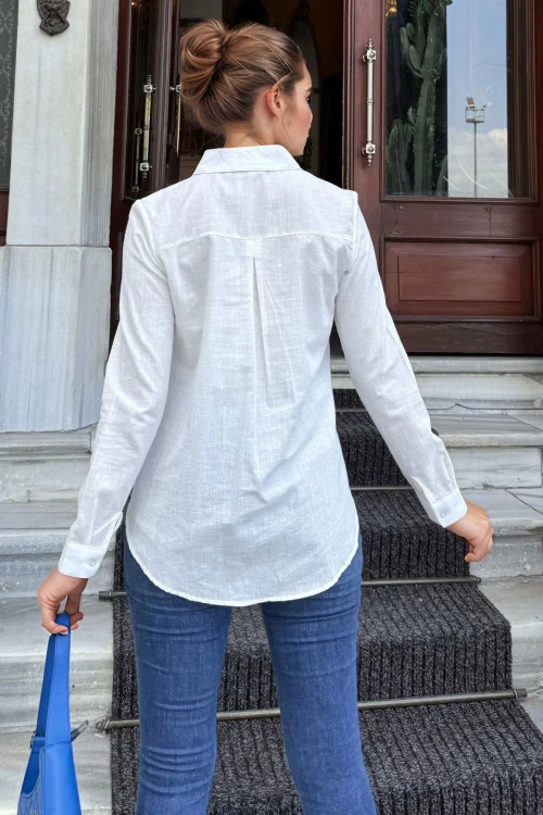 Beyaz Oversize Uzun Kollu Gömlek BCBSK-25700-3536