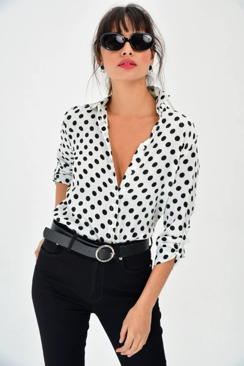 Beyaz Puantiyeli Salaş Gömlek BCBSK-25700-T4011-1500