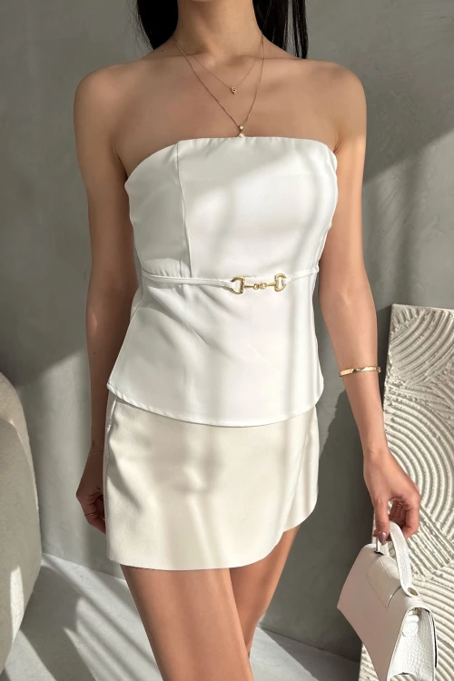 Beyaz Straplez Fitted İnce Süs Kemer Detaylı Dokuma Bluz  BCDF-252189