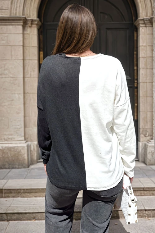 Beyaz V Yaka Color Block Bluz BCBSK-25700-3587