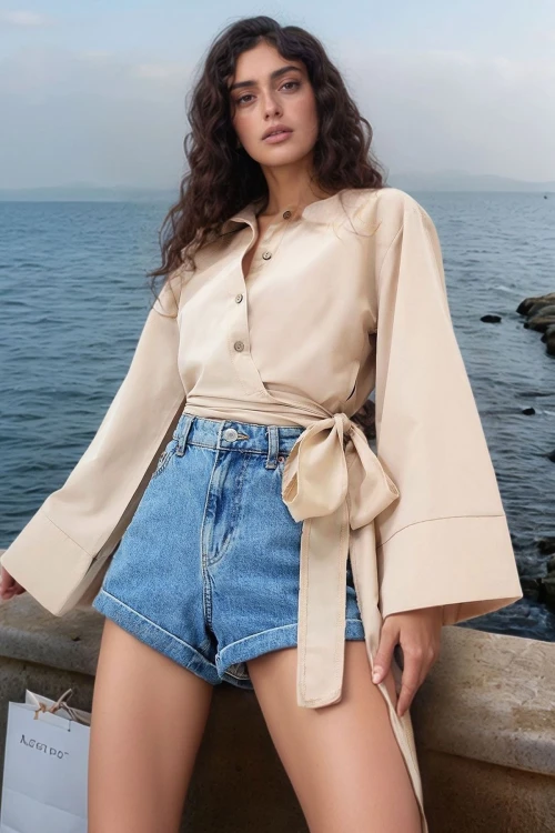 Bisküvi Geniş Manşetli Kol Detaylı Önü Bağlamalı Poplin Gömlek BCDF-2510000