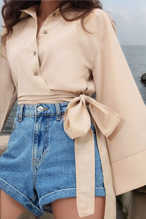 Bisküvi Geniş Manşetli Kol Detaylı Önü Bağlamalı Poplin Gömlek BCDF-2510000