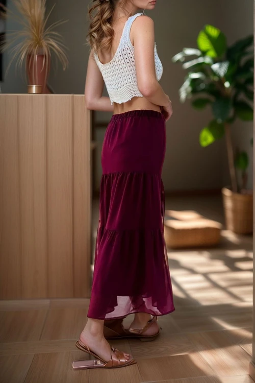 Bordo Beli Lastikli Volanlı Şifon Astarlı Kiloş Etek BCBSK-25700-3642
