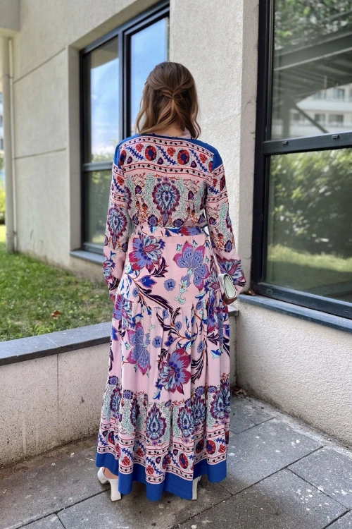 Bordo Desenli Salaş Beli Kemerli Elbise BCBSK-25700-3439