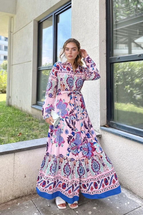 Bordo Desenli Salaş Beli Kemerli Elbise BCBSK-25700-3439