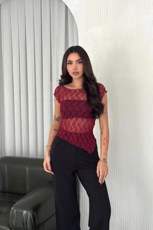 Bordo Kayık Yaka Dantel Bluz BCZK25SA362
