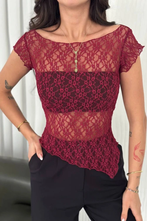 Bordo Kayık Yaka Dantel Bluz BCZK25SA362