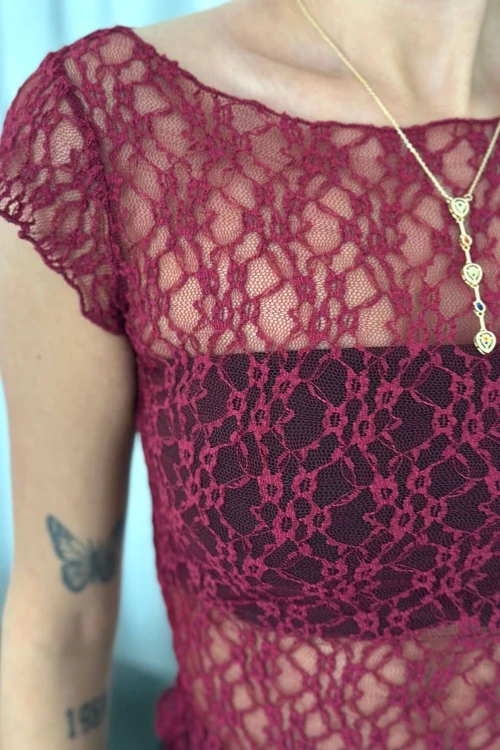 Bordo Kayık Yaka Dantel Bluz BCZK25SA362