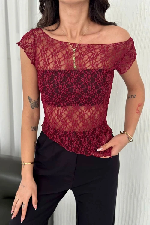 Bordo Kayık Yaka Dantel Bluz BCZK25SA362