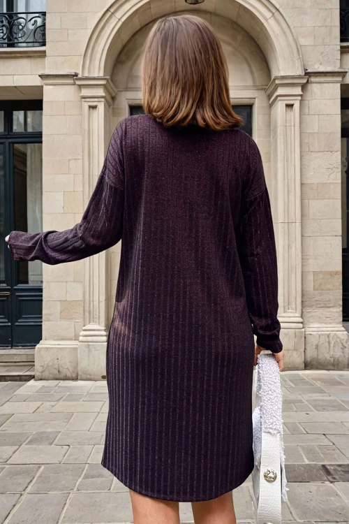 Bordo Polo Yaka Salaş Kendinden Desenli Simli Elbise BCBSK-25700-2988