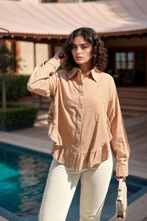 Camel Eteği Fırfırlı Vual Salaş Gömlek BCBSK-25700-3570