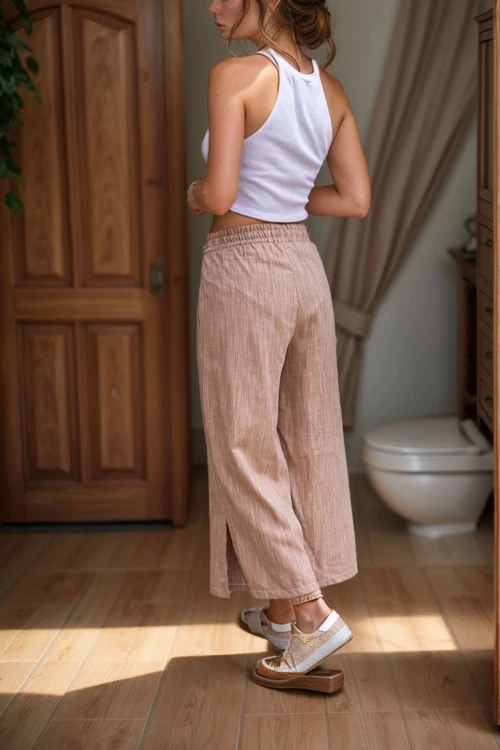 Camel Keten Beli Lastikli Cepli Paçası Yırtmaçlı Salaş Kapri Pantolon BCBSK-25700-3404