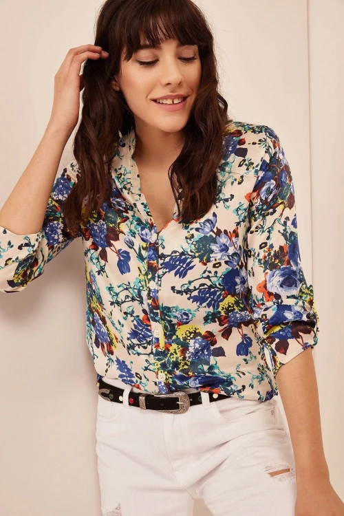 Ekru Çiçek Desenli Gömlek BCBSK-25700-T4011-1760