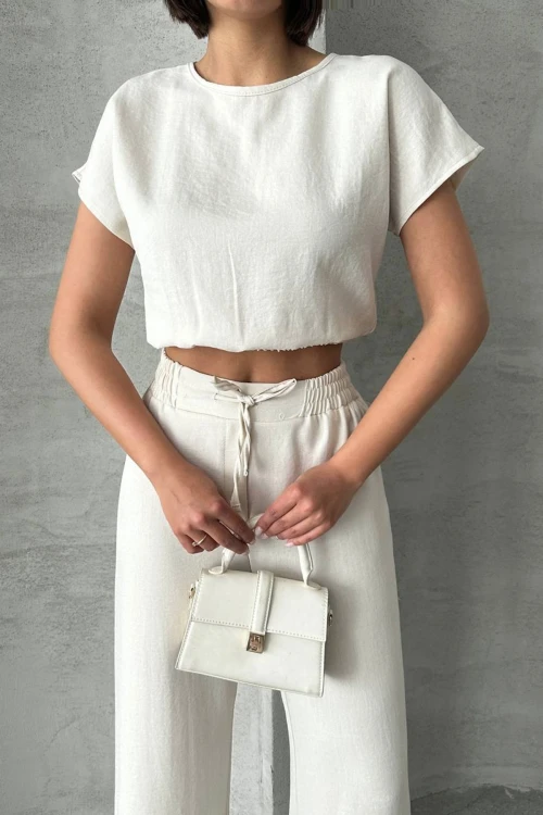 Ekru Crop Bluz Ve Pantolon Alt Üst Takım BCHN-25255057