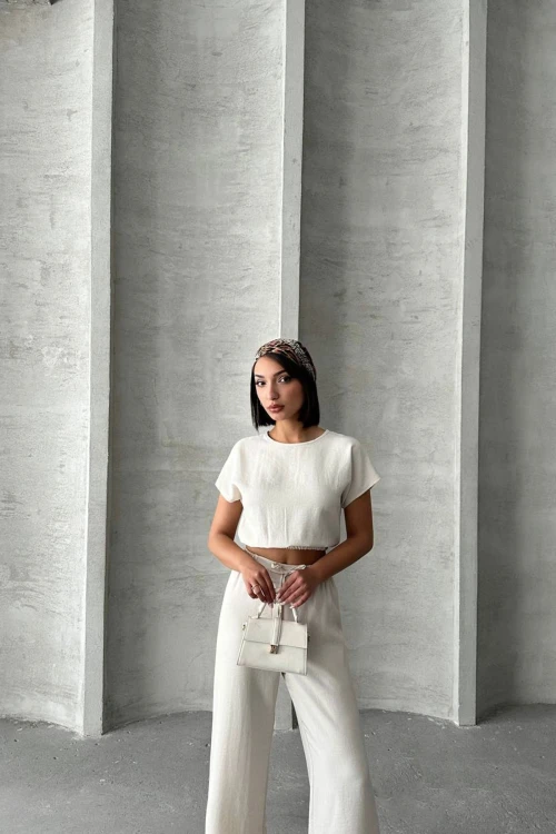 Ekru Crop Bluz Ve Pantolon Alt Üst Takım BCHN-25255057