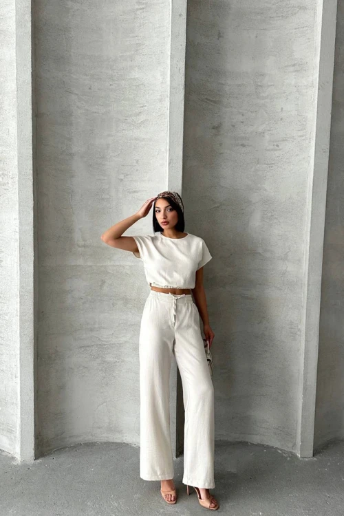 Ekru Crop Bluz Ve Pantolon Alt Üst Takım BCHN-25255057