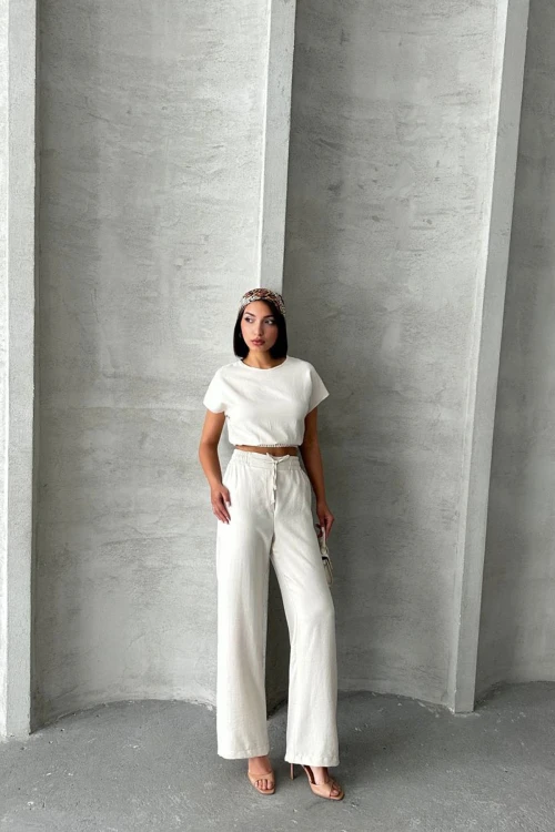 Ekru Crop Bluz Ve Pantolon Alt Üst Takım BCHN-25255057