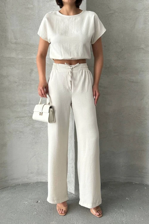 Ekru Crop Bluz Ve Pantolon Alt Üst Takım BCHN-25255057