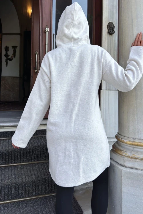 Ekru Fermuarlı Kapüşonlu Uzun Ceket BCBSK-25700-3690