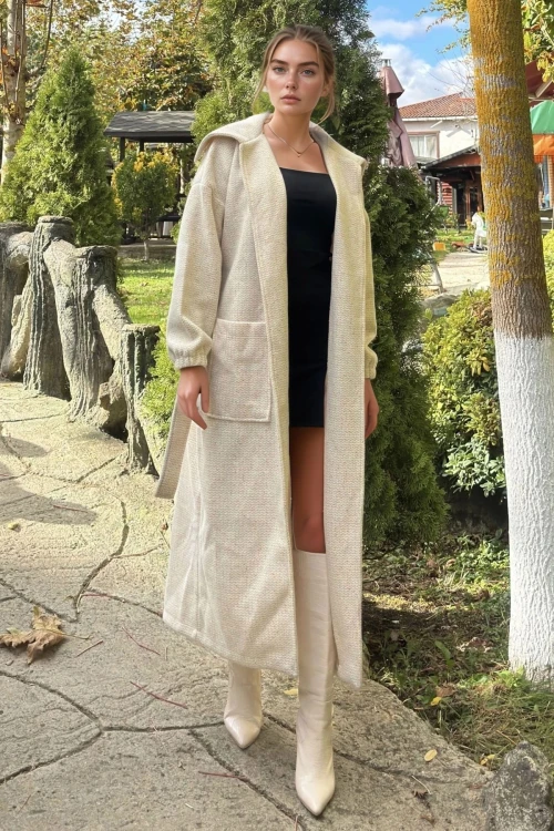 Ekru Kapüşonlu Uzun Kaban BCBSK-25700-3661