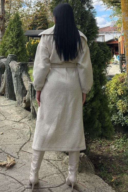 Ekru Kapüşonlu Uzun Kaban BCBSK-25700-3661