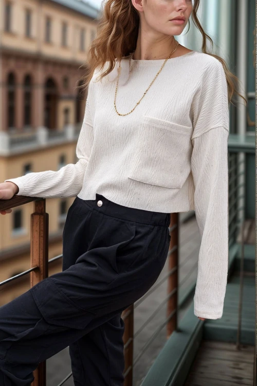 Ekru Kendinden Dokulu Cepli Crop Salaş Sweatshirt BCBSK-25700-3321