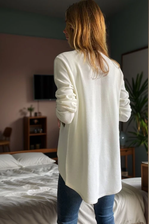 Ekru Şal Yaka Asimetrik Kesim Düğmeli Salaş Hırka BCBSK-25700-3328