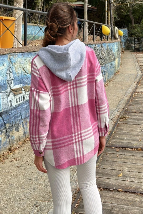 Fuşya Kapüşonlu Oversize Uzun Kollu Gömlek BCBSK-25700-3667