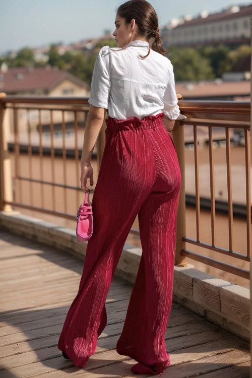 Fuşya Kendinden Dokulu Beli Lastikli Bol Paça Salaş Pantolon BCBSK-25700-3578