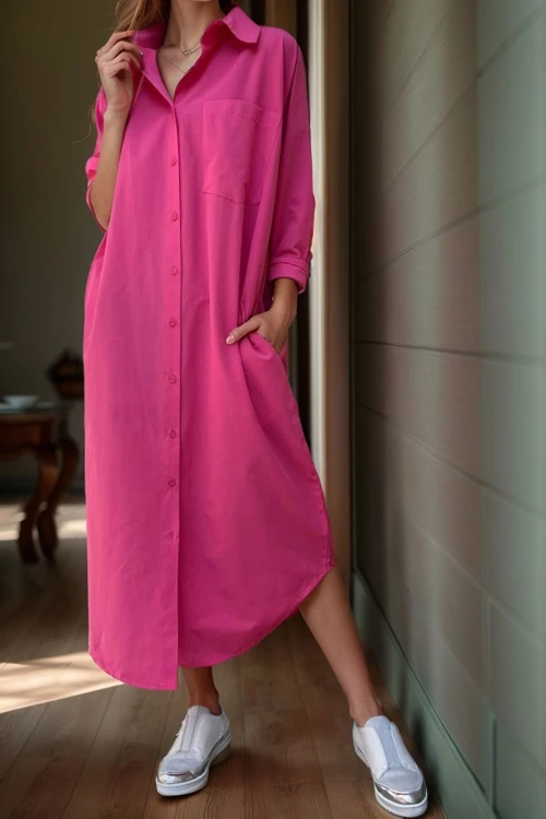 Fuşya Poplin Uzun Cepli Gömlek Elbise BCBSK-25700-3555