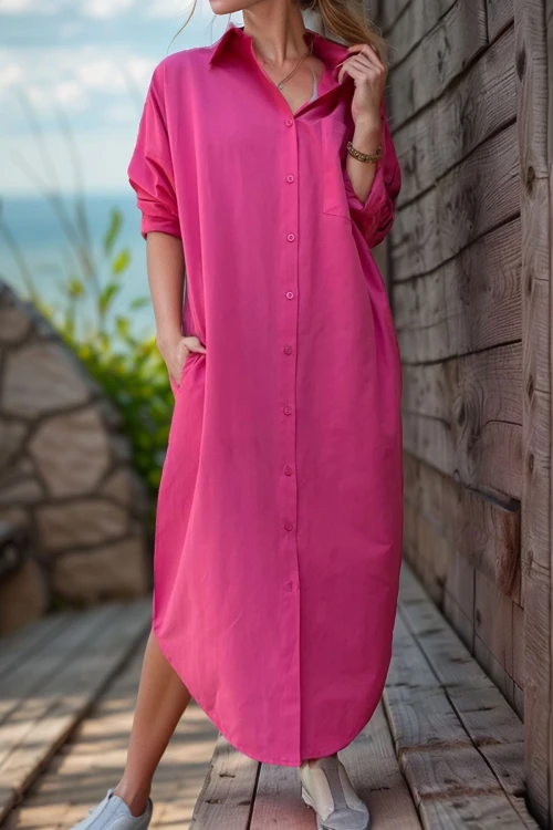 Fuşya Poplin Uzun Cepli Gömlek Elbise BCBSK-25700-3555