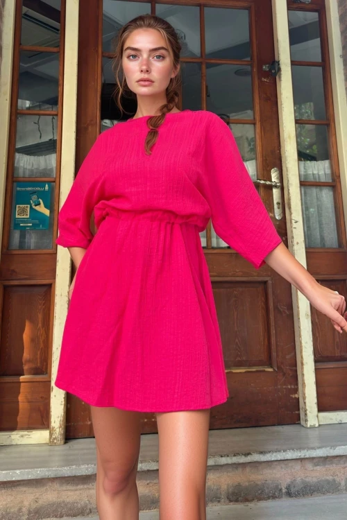 Fuşya Yakası Yırtmaçlı Beli Lastikli Yarasa Kol Yumuşak Dokulu Salaş Elbise BCBSK-25700-3654