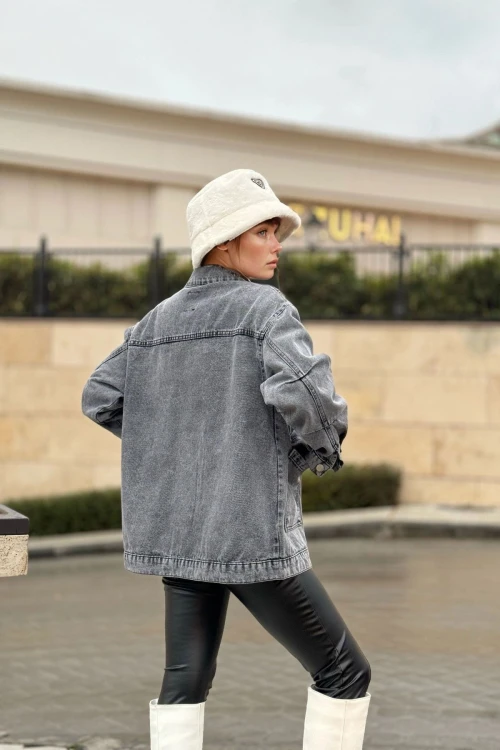 Gri Cepli Oversıze Crop Denım Ceket BCBSK-25700-KT001