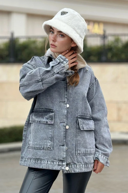 Gri Cepli Oversıze Crop Denım Ceket BCBSK-25700-KT001