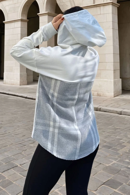 Gri Kapüşonlu Desenli Garnili Salaş Sweatshirt BCBSK-25700-3565