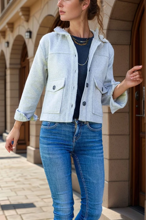 Gri Kaşe Cepli Düğmeli Kısa Ceket BCBSK-25700-3291