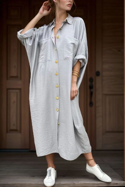 Gri Keten Yarasa Kol Salaş Cepli Gömlek Elbise BCBSK-25700-3282