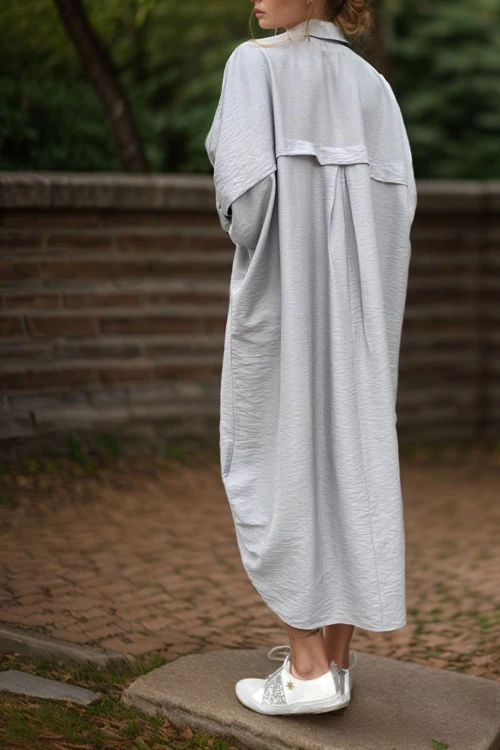 Gri Keten Yarasa Kol Salaş Cepli Gömlek Elbise BCBSK-25700-3282