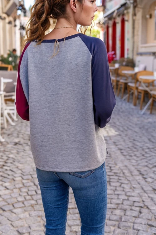 Gri Raglan Kol Dikiş Detaylı Kayık Yaka Color Block Sweatshirt BCBSK-25700-3472