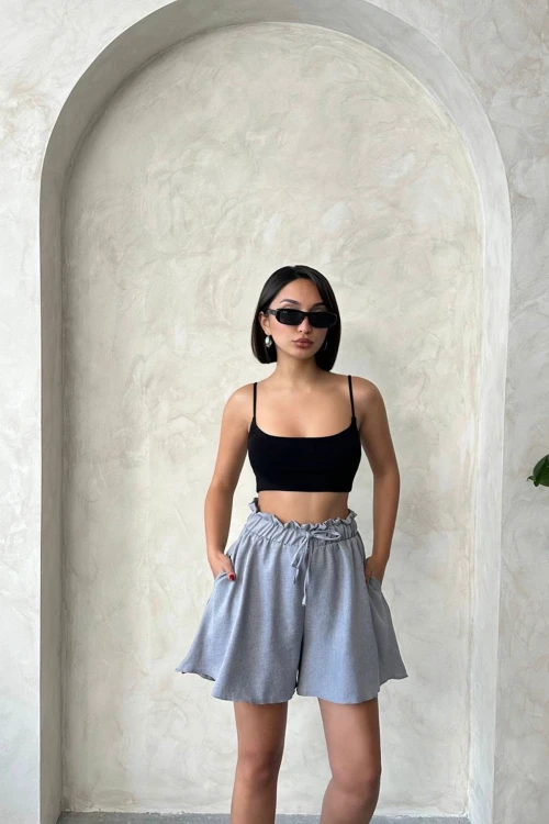 Gri Volanlı Rahat Kalıp Beli Lastikli Keten Şort BCHN-25255058