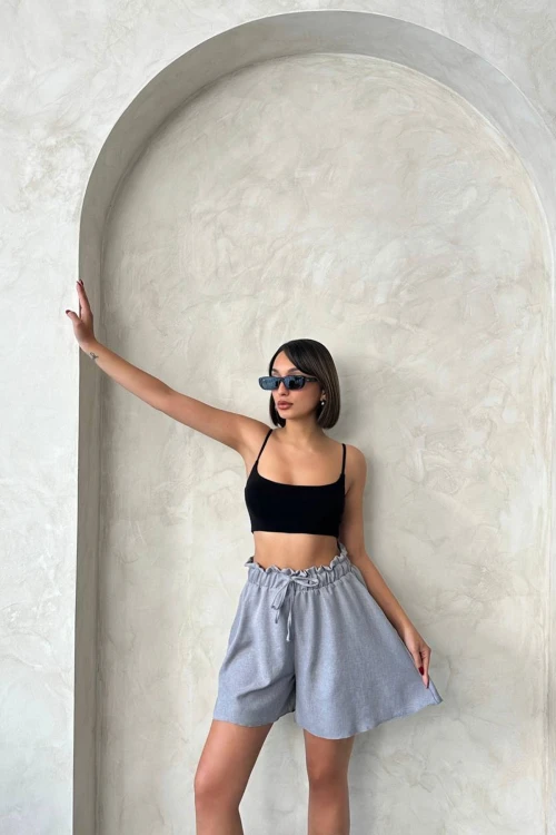 Gri Volanlı Rahat Kalıp Beli Lastikli Keten Şort BCHN-25255058