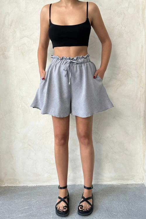 Gri Volanlı Rahat Kalıp Beli Lastikli Keten Şort BCHN-25255058