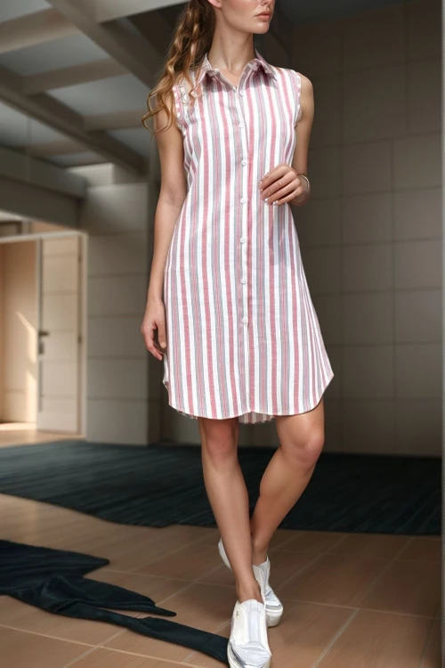 Gül Kurusu Keten Görünümlü Kendinden Desenli Kolsuz Gömlek Elbise BCBSK-25700-3583