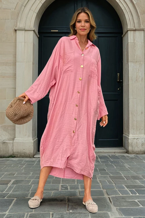 Gül Kurusu Keten Yarasa Kol Salaş Cepli Gömlek Elbise BCBSK-25700-3282