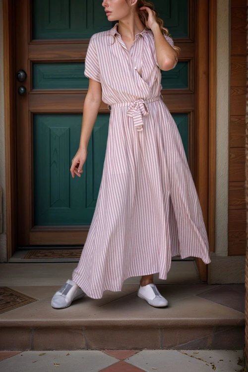 Gül Kurusu Polo Yaka Kruvaze Beli Lastikli Kendinden Kemerli Yırtmaçlı Elbise BCBSK-25700-3386