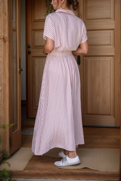 Gül Kurusu Polo Yaka Kruvaze Beli Lastikli Kendinden Kemerli Yırtmaçlı Elbise BCBSK-25700-3386