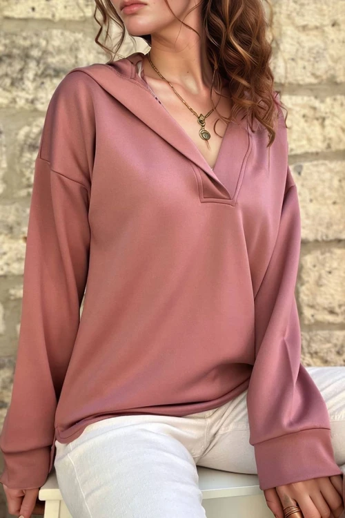 Gül Kurusu V Yaka Kapüşonlu Arkası Uzun Scuba Salaş Sweatshirt BCBSK-25700-3506