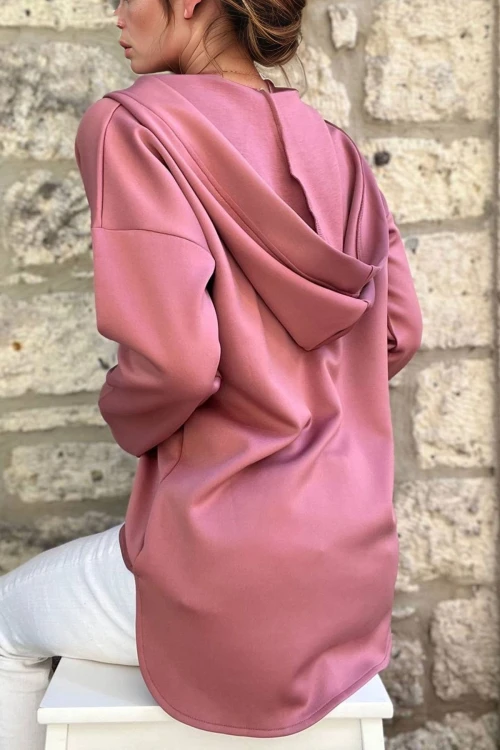 Gül Kurusu V Yaka Kapüşonlu Arkası Uzun Scuba Salaş Sweatshirt BCBSK-25700-3506