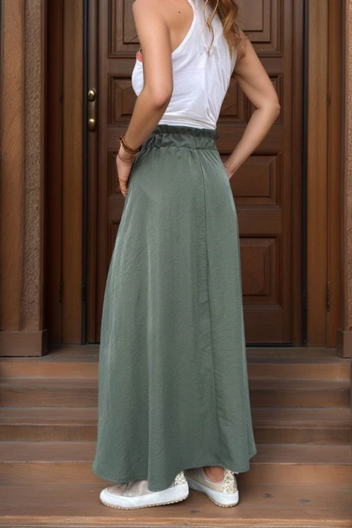 Haki Cebi Hasır Detaylı Beli Lastikli Salaş Etek BCBSK-25700-3389